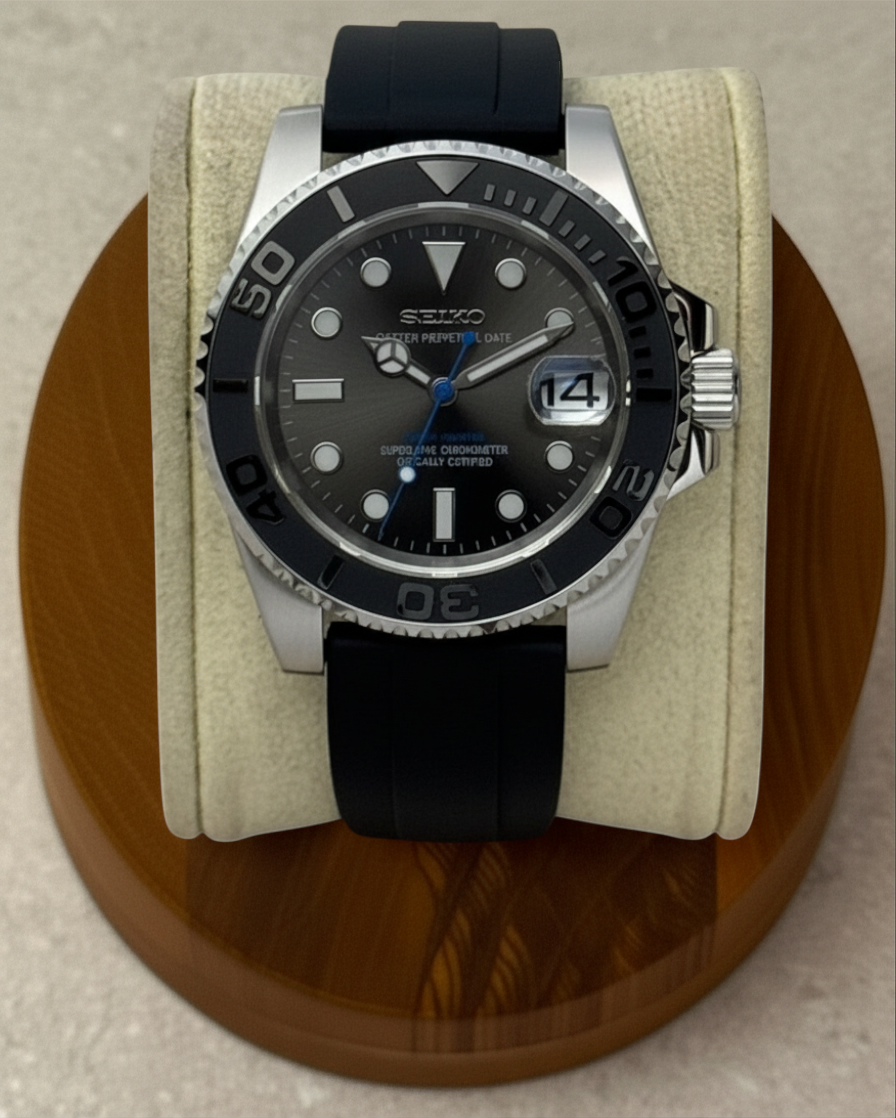 PB TimePiece Yachtmaster Blue Ember watch with a 40mm stainless steel case, gray dial, and black rubber strap.