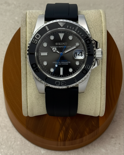 PB TimePiece Yachtmaster Blue Ember watch with a 40mm stainless steel case, gray dial, and black rubber strap.