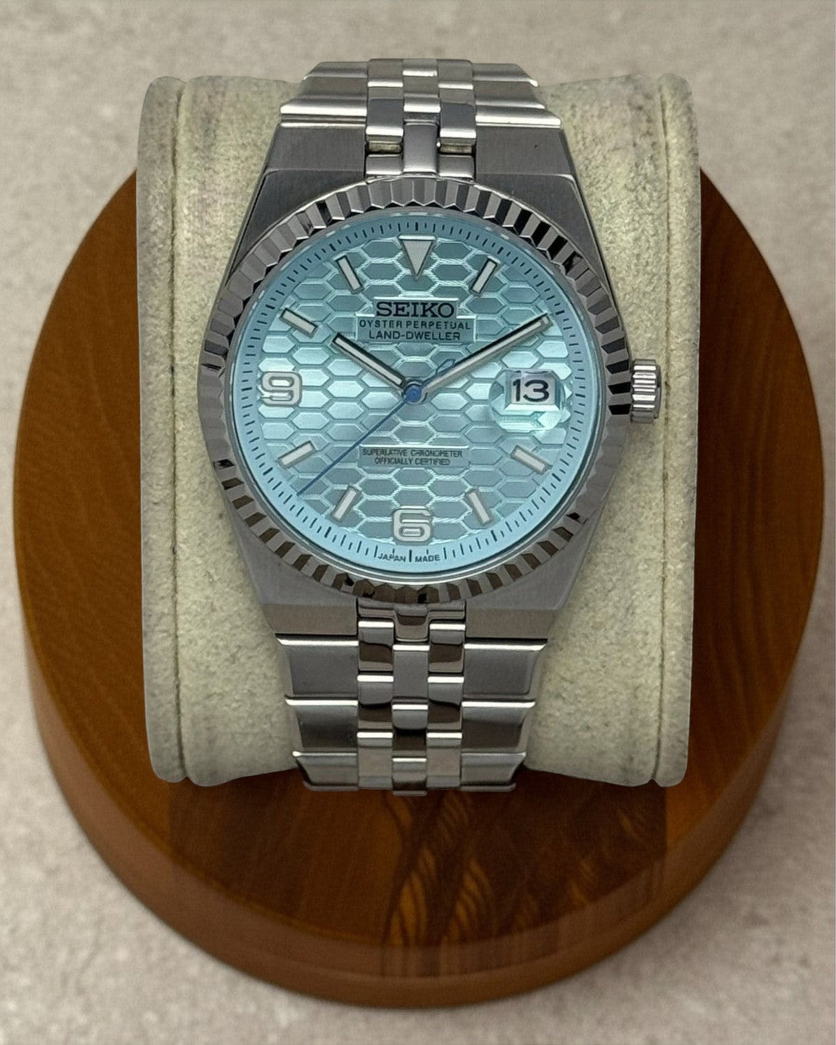 PB TimePiece Honeycomb watch with a mint textured dial, stainless steel jubilee bracelet, and fluted bezel.