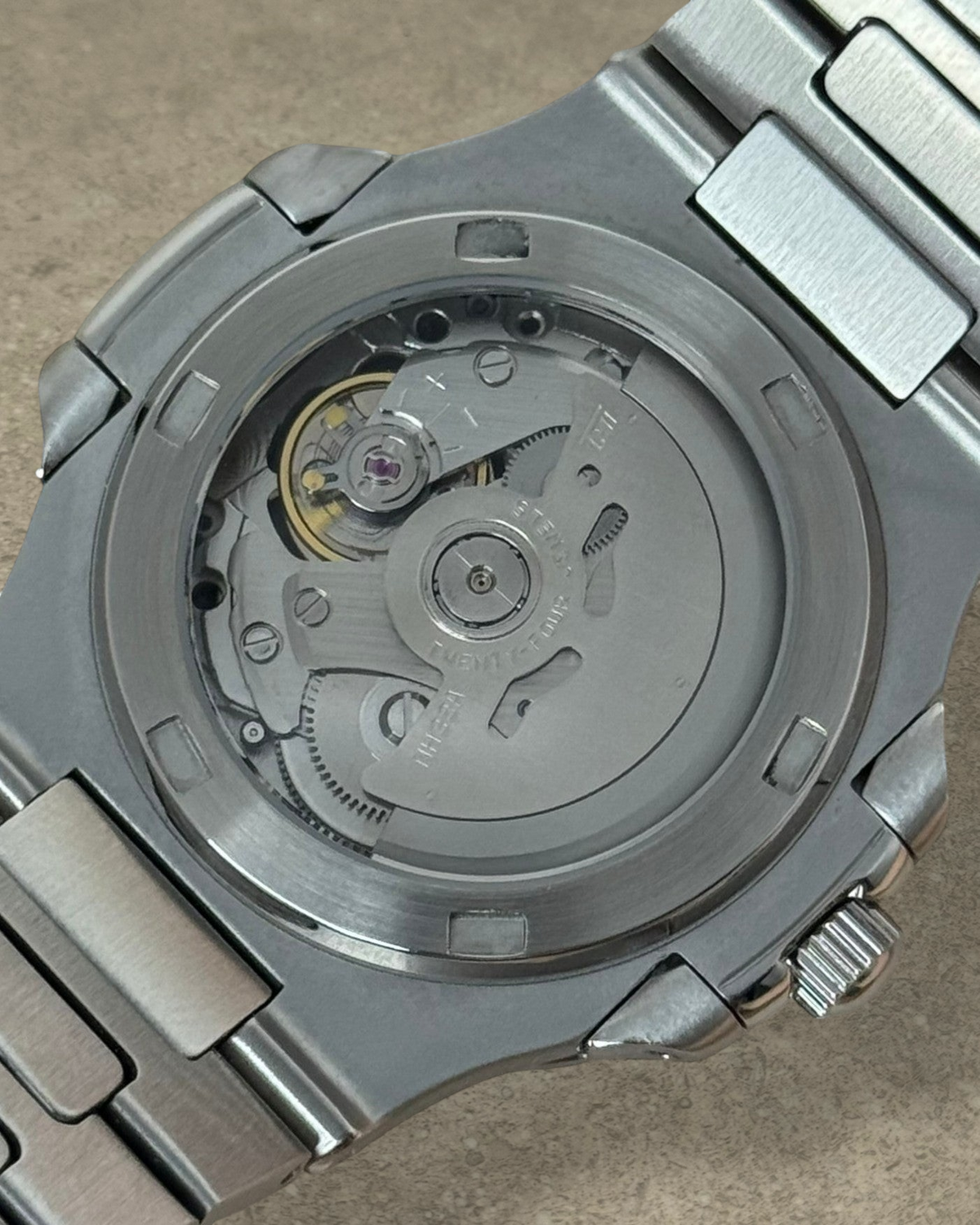 PB TimePiece Novara watch showing the automatic Seiko NH35 movement through the stainless steel exhibition case back
