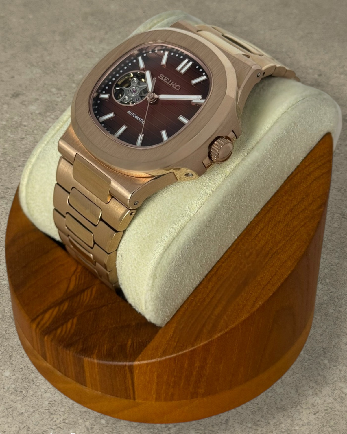 PB TimePiece Novara rose gold automatic watch with chocolate open heart dial and stainless steel bracelet