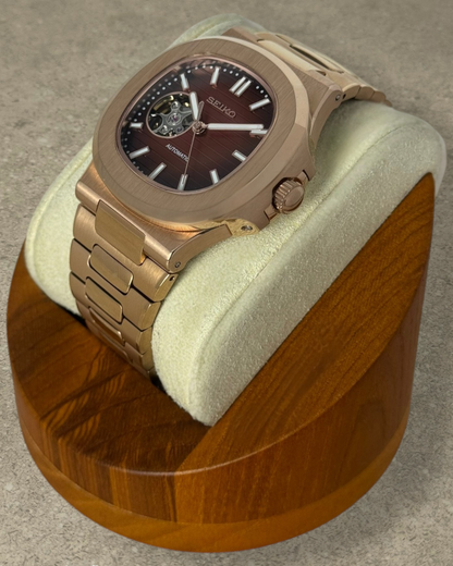 PB TimePiece Novara rose gold automatic watch with chocolate open heart dial and stainless steel bracelet