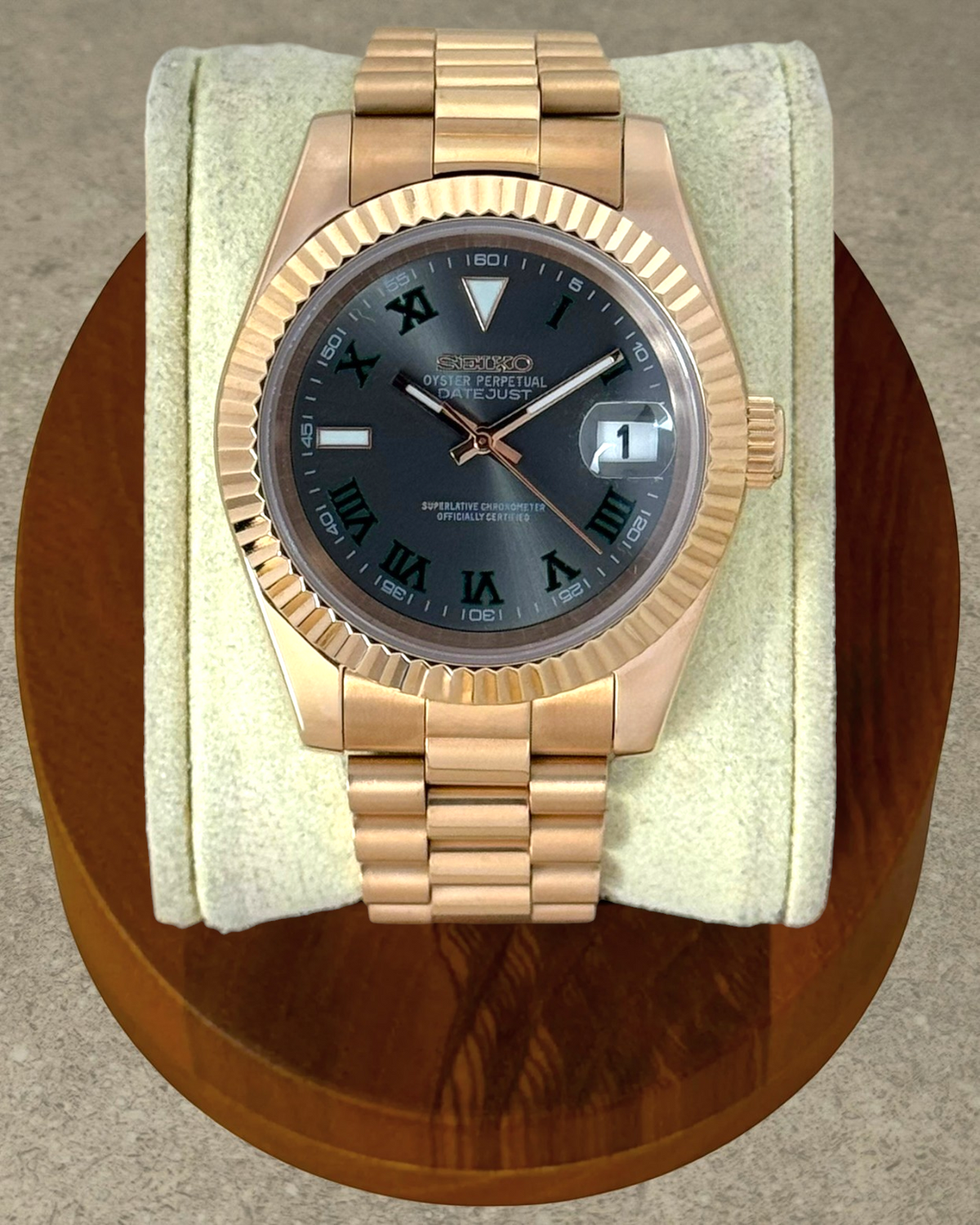 PB TimePiece Classic Date watch with a rose gold 39mm case, fluted bezel, presidential bracelet, and Wimbledon dial.
