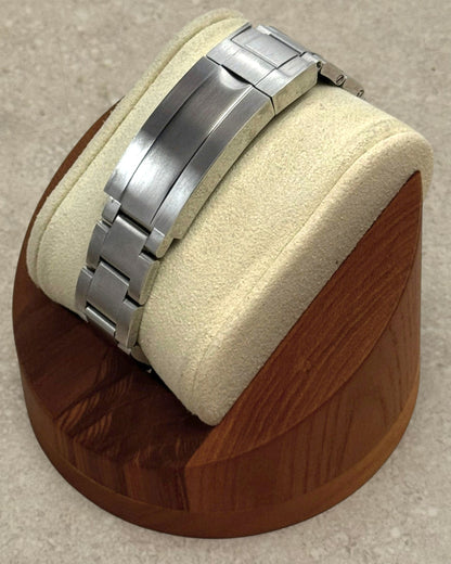 PB TimePiece Yachtmaster watch stainless steel brushed oyster bracelet with micro adjusting clasp on display stand