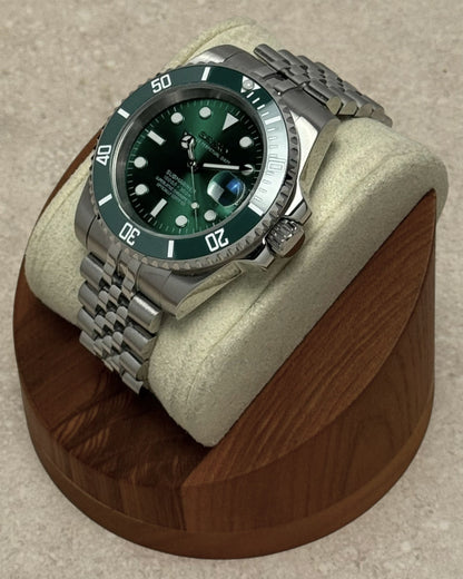 PB TimePiece Submariner Hulk watch with emerald green dial, rotating green bezel, and stainless steel jubilee bracelet