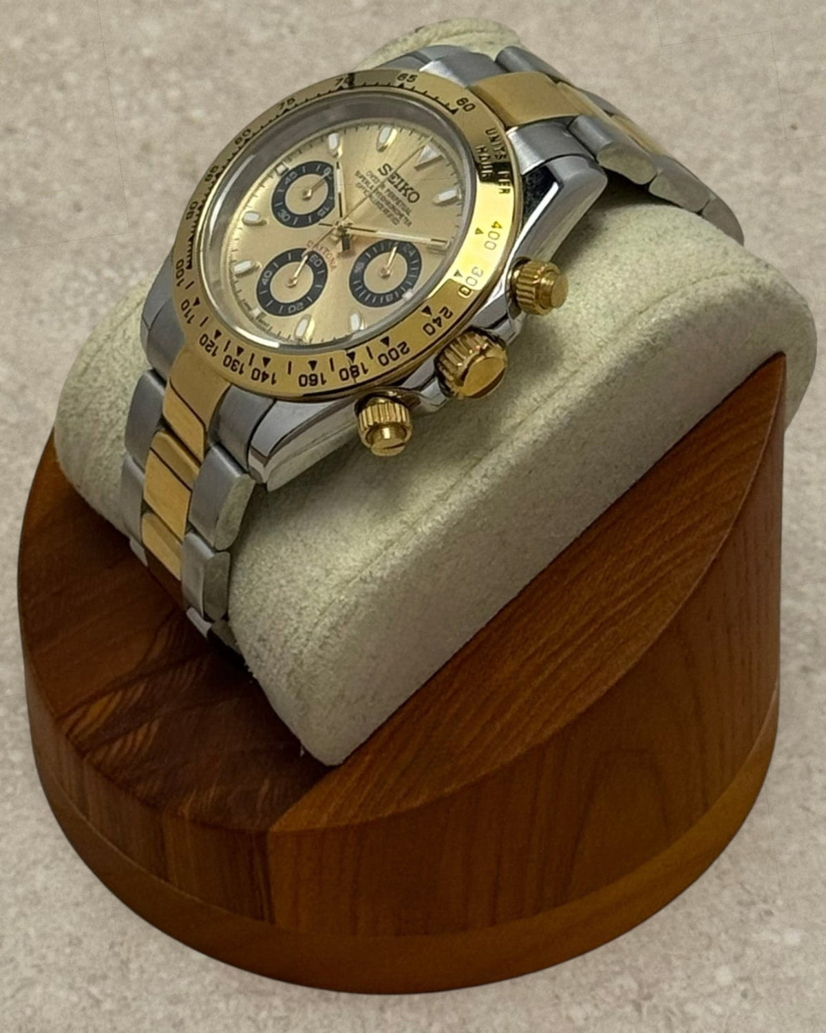 PB TimePiece two tone gold chronograph watch with champagne dial, stainless steel case, and oyster bracelet