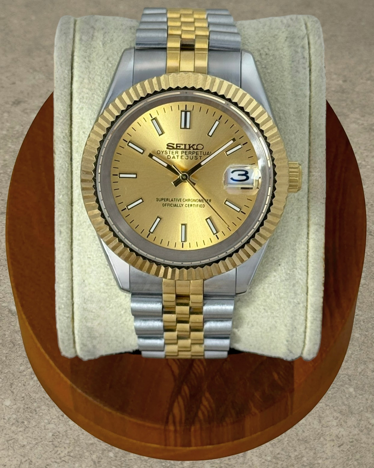 PB TimePiece Classic Date watch with two-tone gold and silver stainless steel jubilee bracelet and champagne dial.