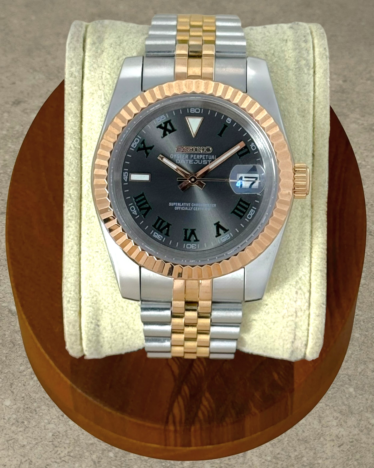 PB TimePiece Classic Date watch with two-tone rose gold and silver case, fluted bezel, and Wimbledon dial.