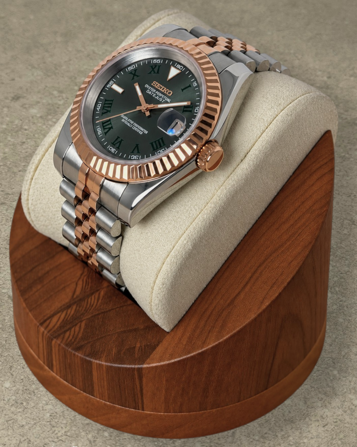 PB TimePiece Classic Date watch with two-tone rose gold jubilee bracelet, fluted bezel, and green Wimbledon dial.