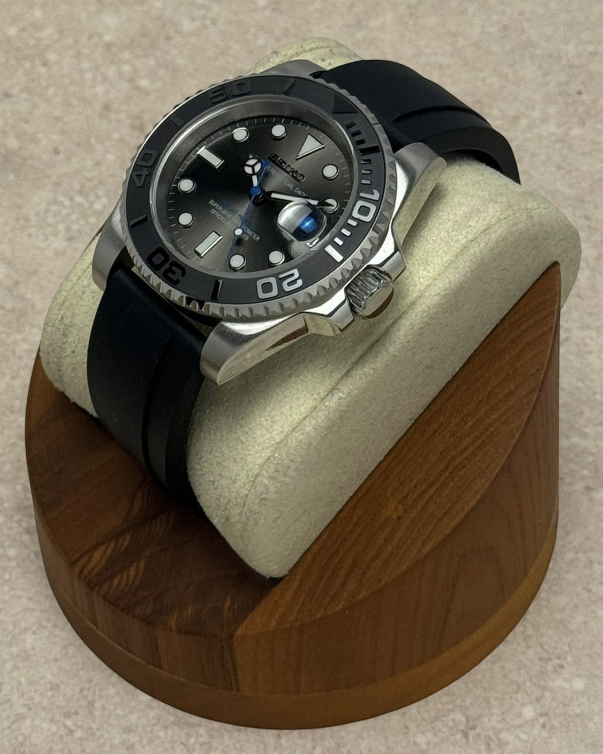 PB TimePiece Yachtmaster Blue Ember watch with a 40mm stainless steel case, gray dial, and black rubber strap.