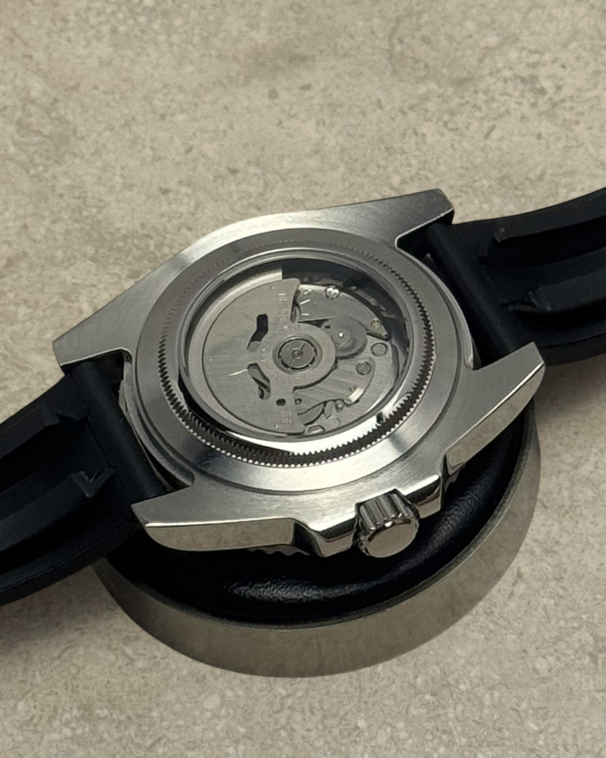 PB TimePiece Yachtmaster watch showing the stainless steel case back with an exhibition window to the NH35 movement.