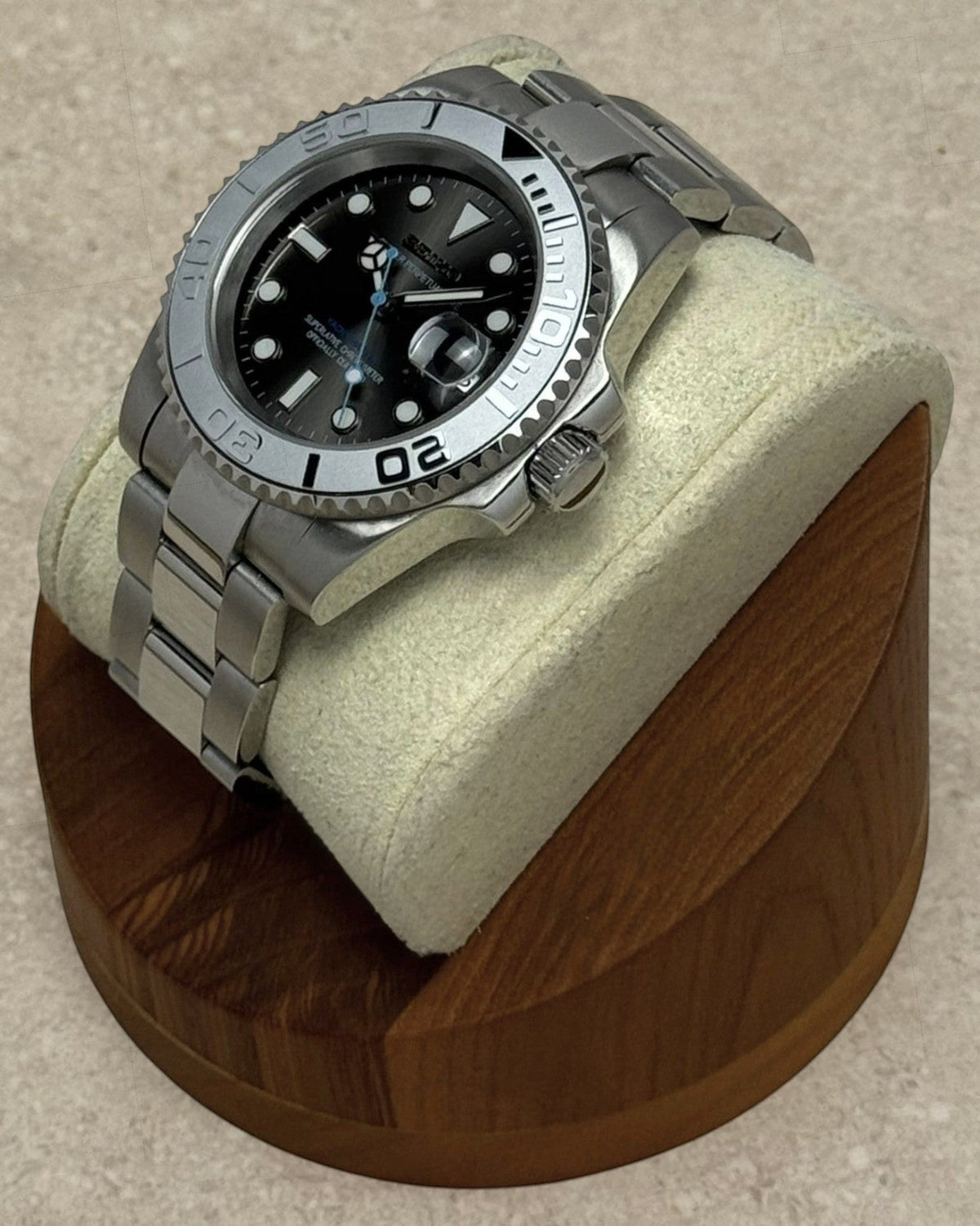 PB TimePiece Yachtmaster watch with a gray dial, matte gray bezel, stainless steel case, and baby blue second hand.