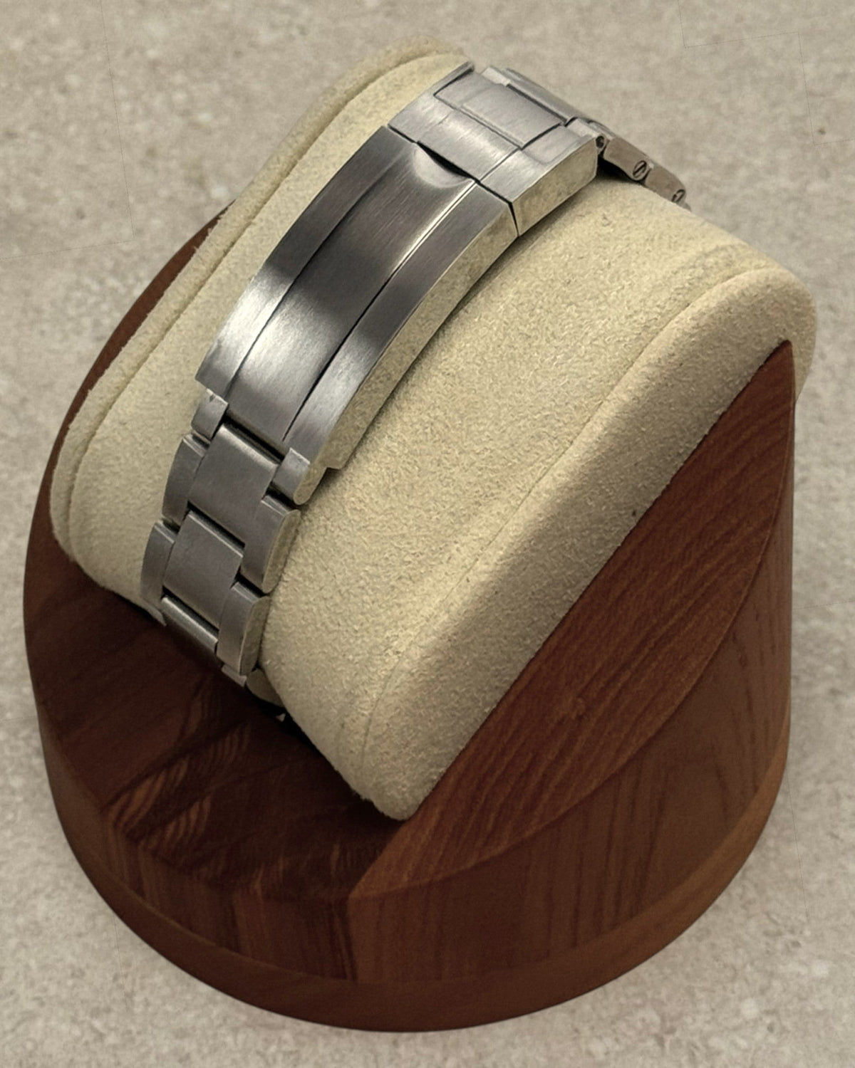 PB TimePiece Yachtmaster Ocean Blue watch showing the brushed stainless steel oyster bracelet clasp